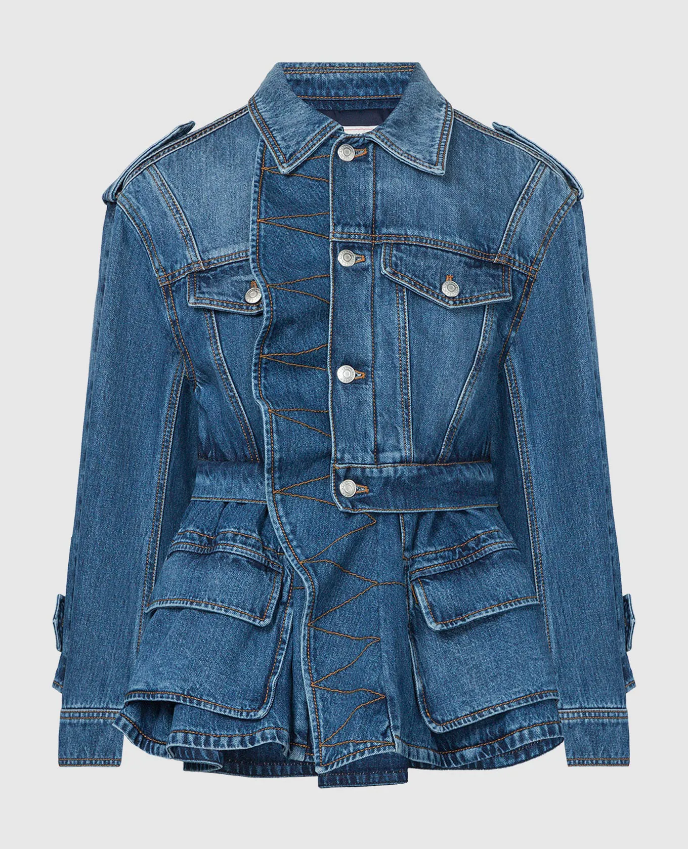 Alexander McQueen Giubbotto in denim blu con basca e effetto invecchiato 775897QMABJ