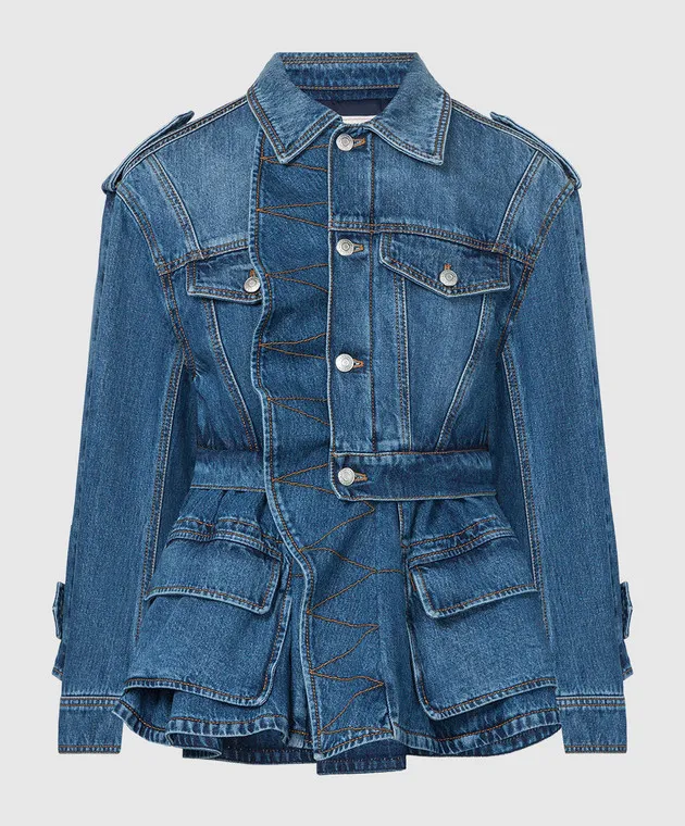 Alexander McQueen Giubbotto in denim blu con basca e effetto invecchiato 775897QMABJ