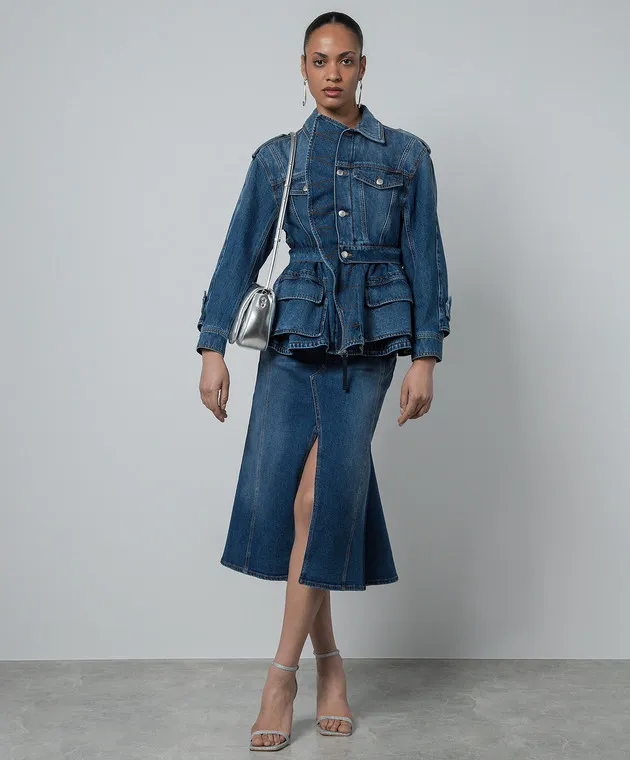 Alexander McQueen Giubbotto in denim blu con basca e effetto invecchiato 775897QMABJ