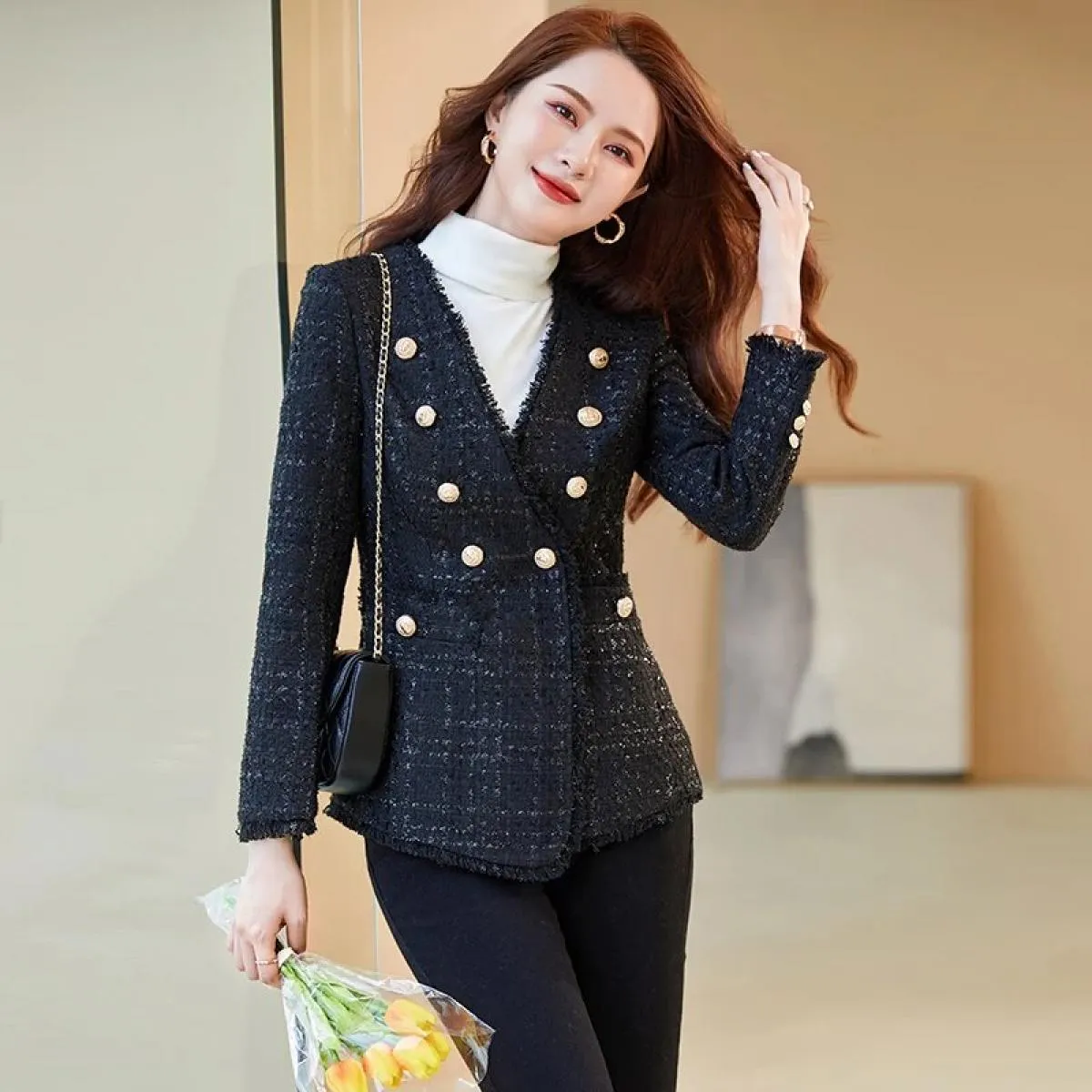 Blazer casual da donna con scollo a V scozzese bianco nero da donna Blazer da giacca monopetto a maniche lunghe autunno inverno