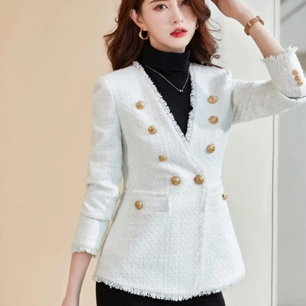 Blazer casual da donna con scollo a V scozzese bianco nero da donna Blazer da giacca monopetto a maniche lunghe autunno inverno