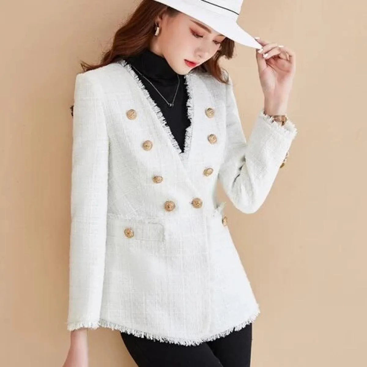 Blazer casual da donna con scollo a V scozzese bianco nero da donna Blazer da giacca monopetto a maniche lunghe autunno inverno