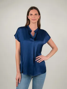 BLUSA A MANICA CORTA IN RASO BLU