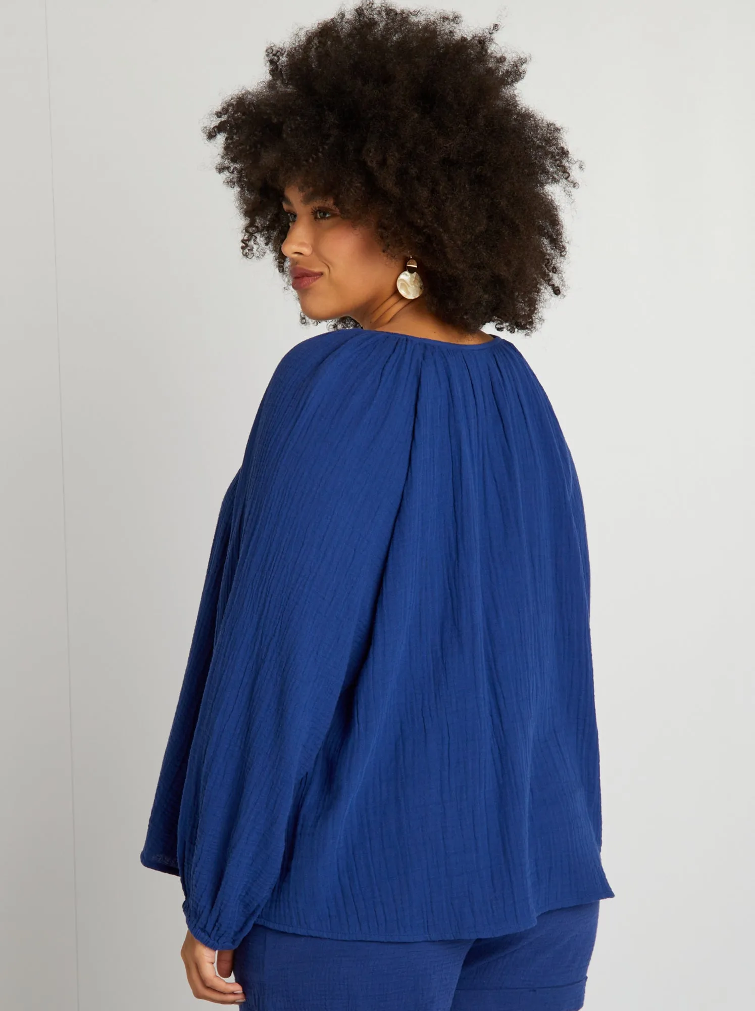 Blusa a tinta unita in garza di cotone - BLU