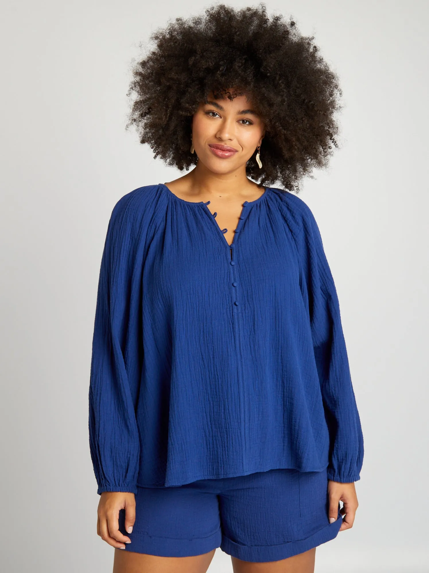 Blusa a tinta unita in garza di cotone - BLU