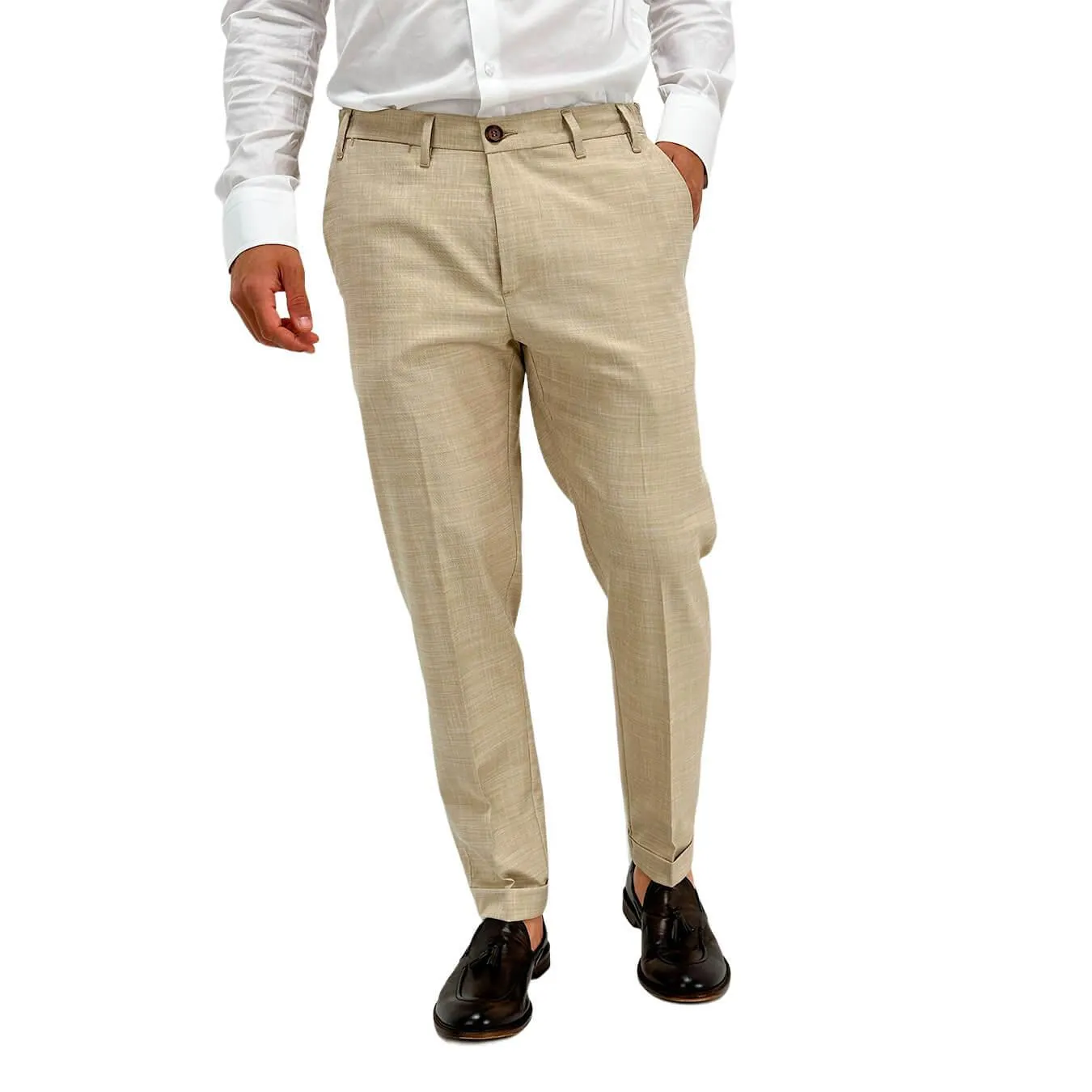 Edd Pantaloni Uomo, Modello Sarace, Gessato, Tessuto Misto, Beige