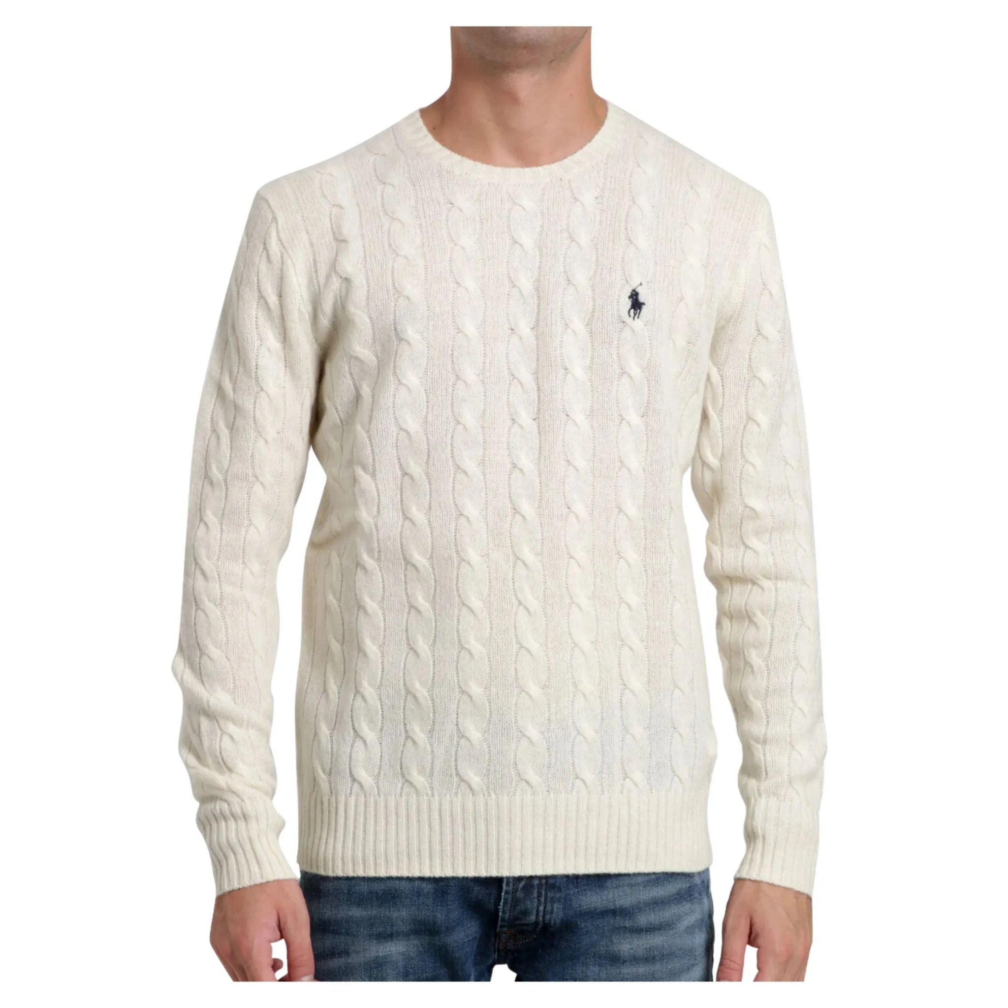 Maglia a trecce in lana e cashmere crema da uomo