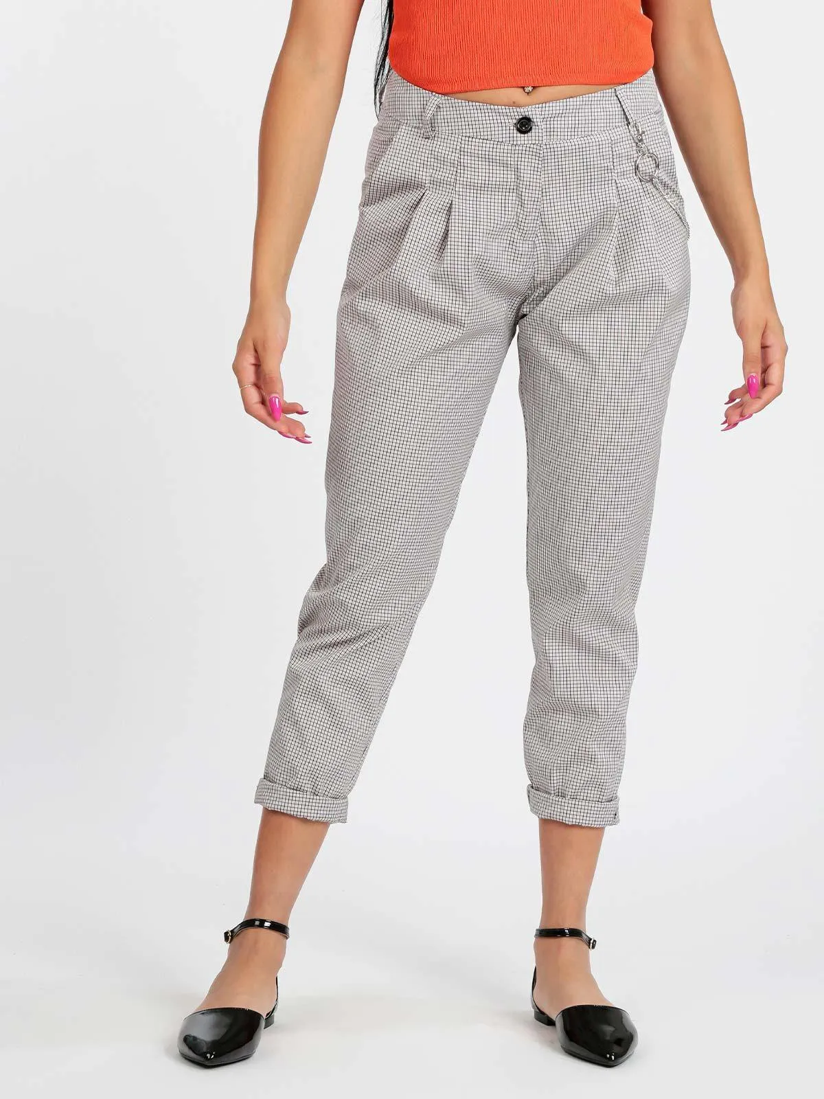 Maison Telepathie Pantalon femme à carreaux avec chaîne