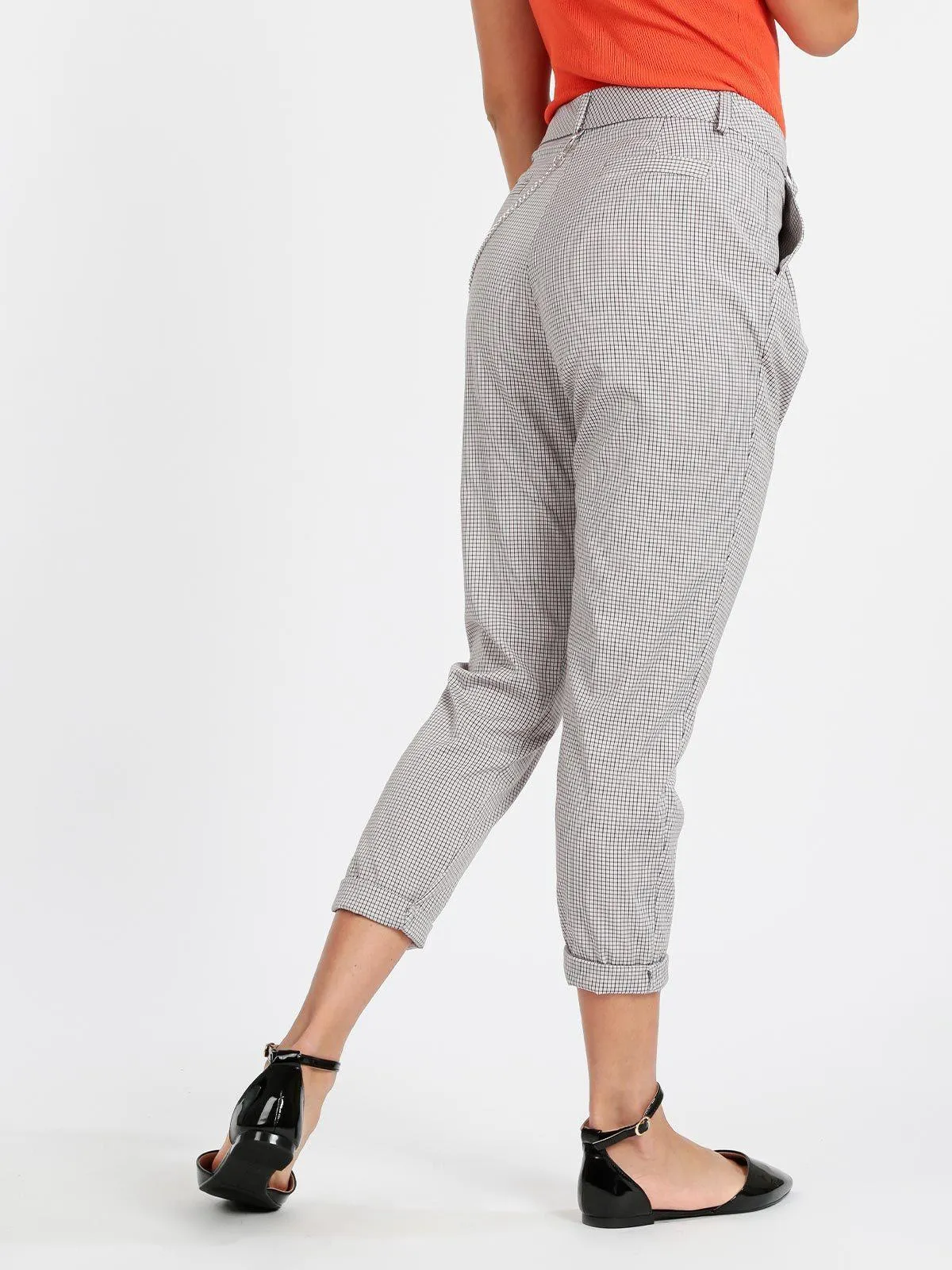 Maison Telepathie Pantalon femme à carreaux avec chaîne