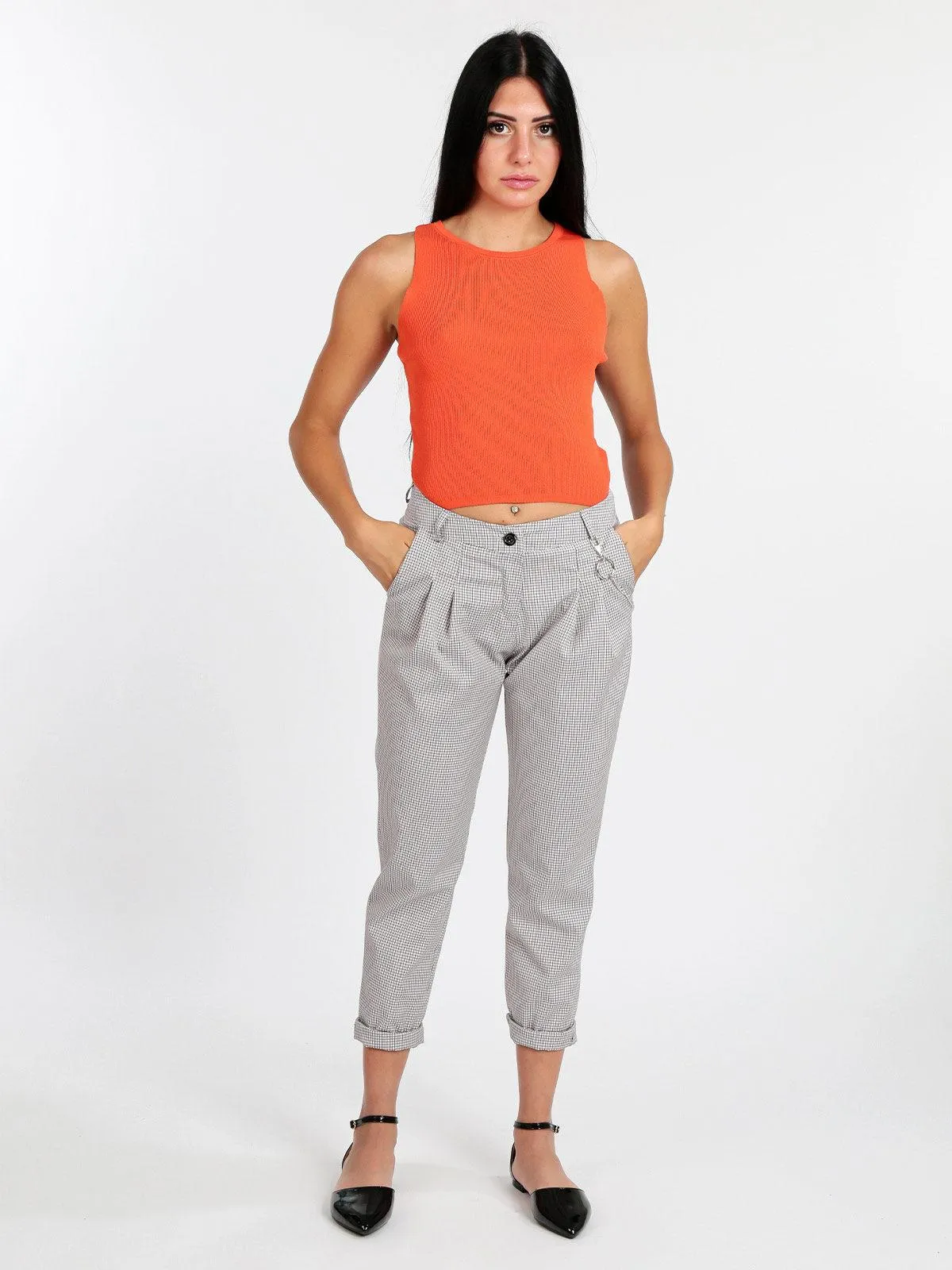 Maison Telepathie Pantalon femme à carreaux avec chaîne