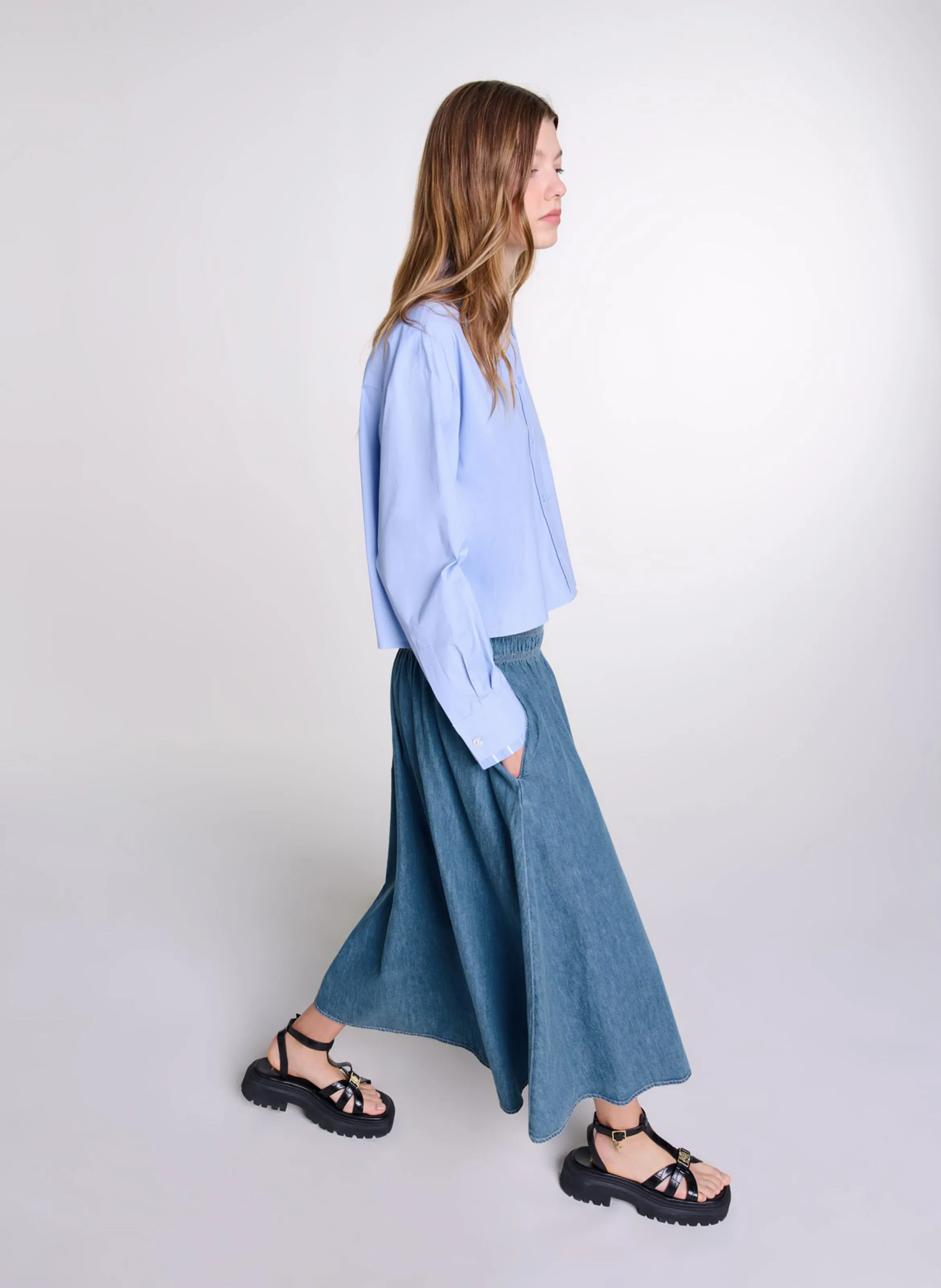  MAJE   Gonna lunga svasata in denim di cotone | Blu