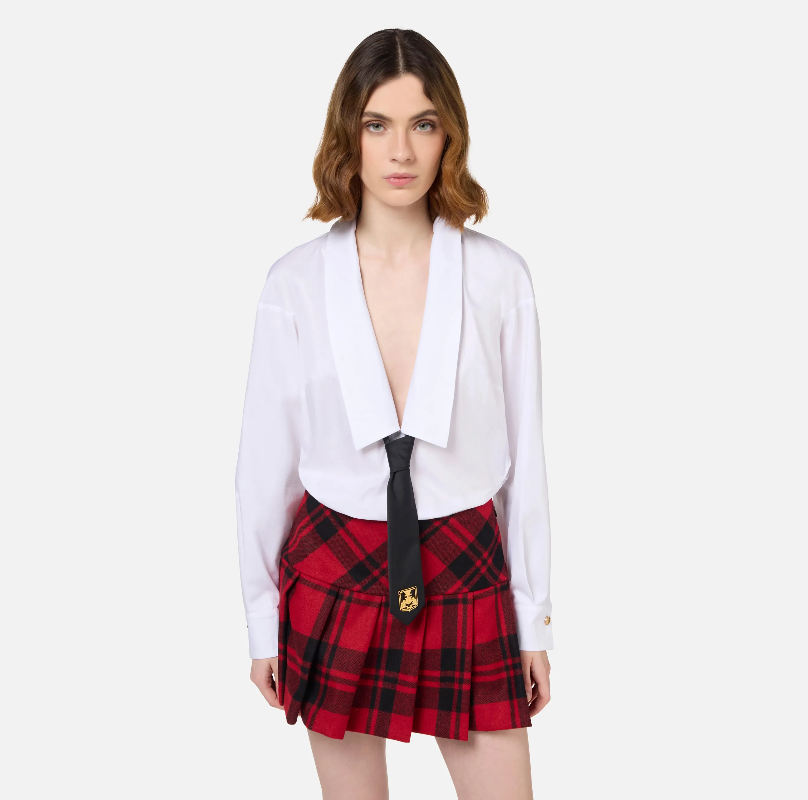 Miniabito a camicia in popeline e gonna in tartan