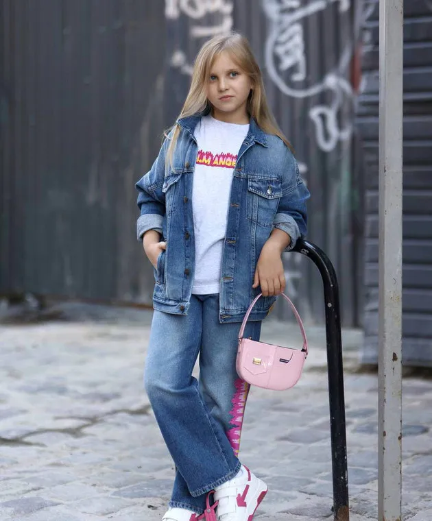 Palm Angels Giubbotto in denim blu da bambino con stampa logo PGYE002F23DEN001812