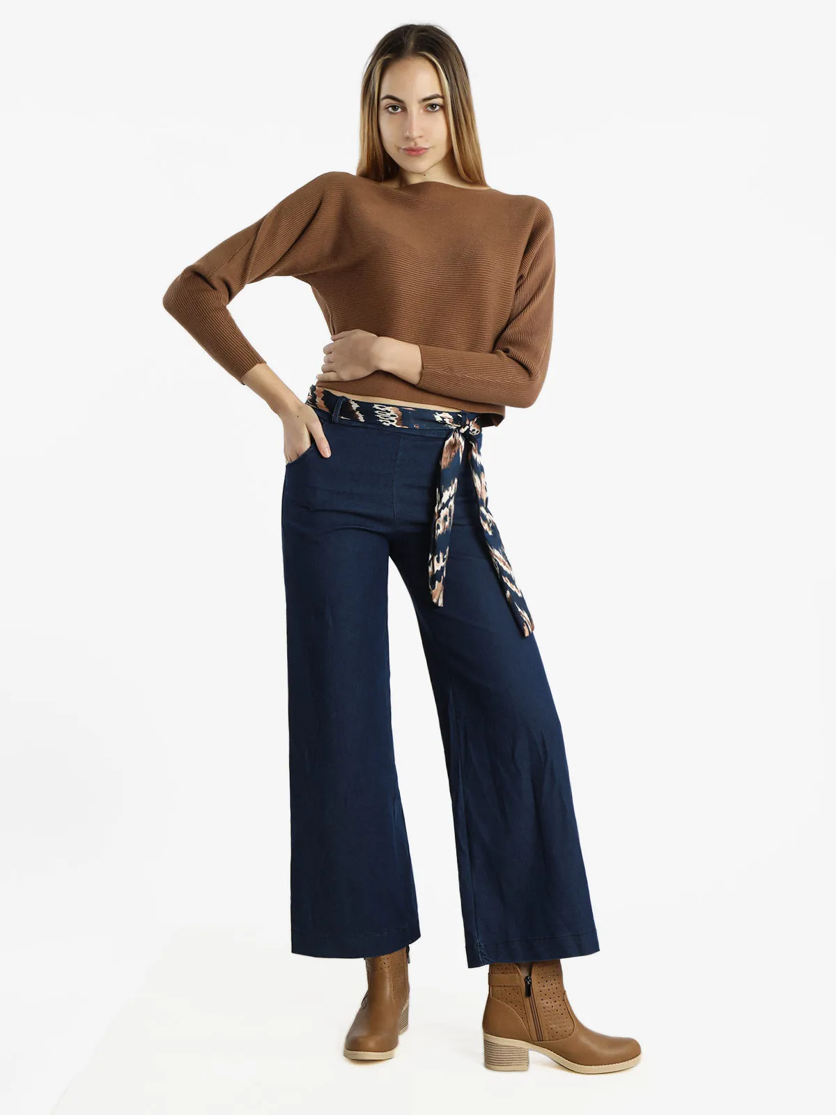 Solada Pantalon femme large en coton effet denim