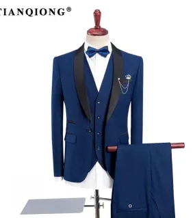 Tian Qiong New Mens Wedding Tuxedo Abiti 3 pezzi con pantaloni Design Scialle nero Risvolto Slim Fit Abito blu bordeaux Mensu