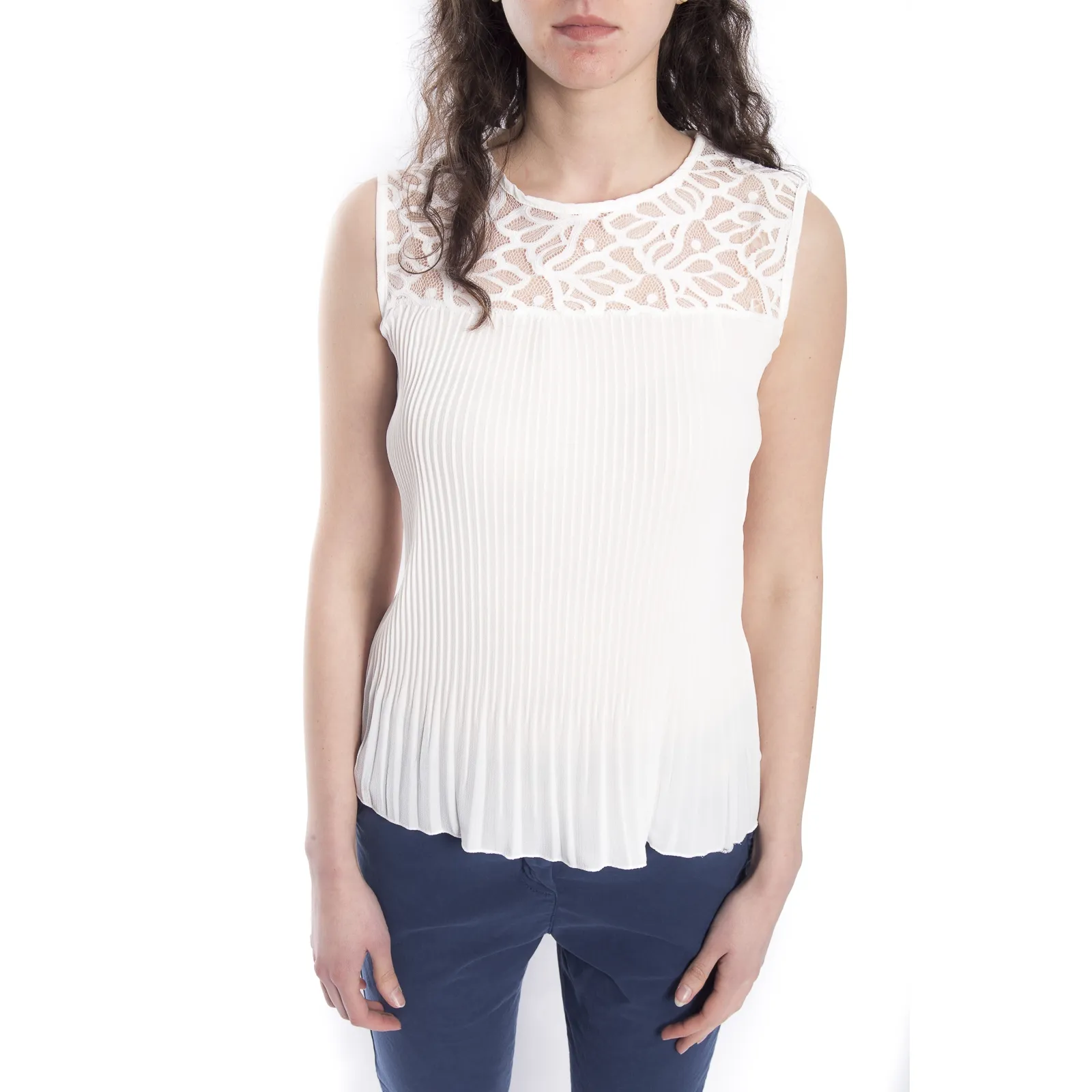 Top / Blusa DONNA con plissé e pizzo BIANCO Art. 14656